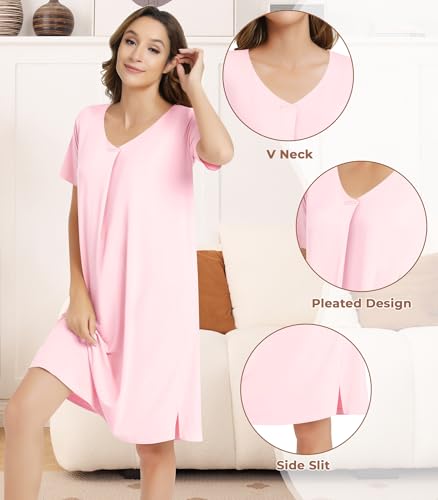 Image of NACHILA Nightgowns for Women-Viscose Made from Bamboo,Short Sleeve Nightshirts V Neck Sleep Shirt Loose Sleep Dress