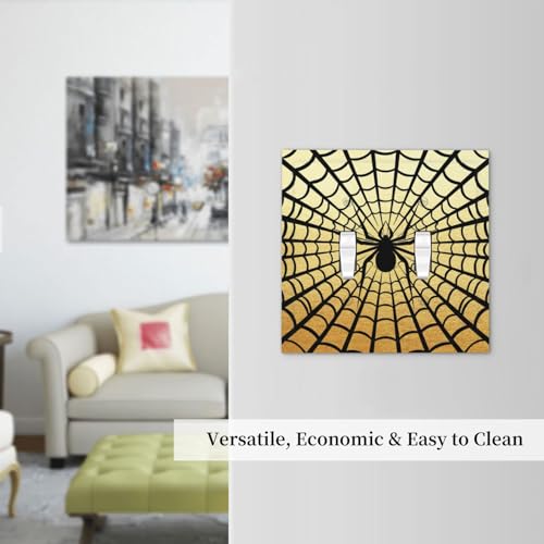 Decorative Switch Plate Covers Black Spider Spiderweb on Golden Background 2 Gang Light Switch Cover Plate Unique Double Toggle Wall Plate Light Switch Covers for Bedroom Decor
