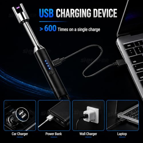 Image of SNMMIFER Electric Lighter, USB C-Type Rechargeable, 360 Flexible Neck, Windproof, for Kitchen Gas Stove, Candles, Pooja, Black