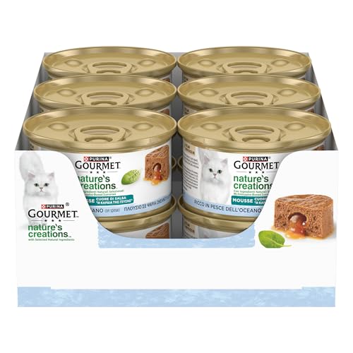 GOURMET NATURE'S CREATIONS Cuore di Salsa Cibo Umido per Gatti Adulti Mousse con Pesce dell'Oceano guarnita con Spinaci 12 lattine da 85g