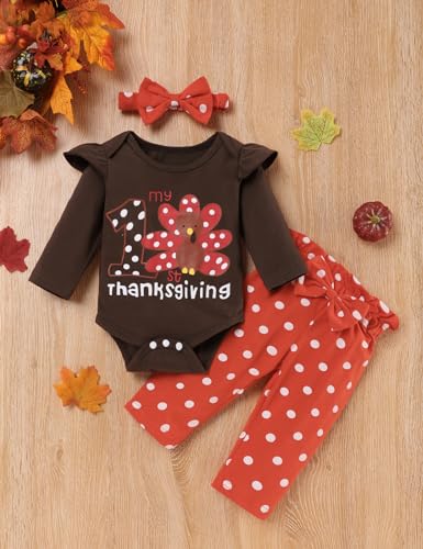 TUEMOS Thanksgiving Outfits Baby Girl My First Thanksgiving Romper+Polka Dot Pant+Headband Baby Girl Thanksgiving Clothes Set2
