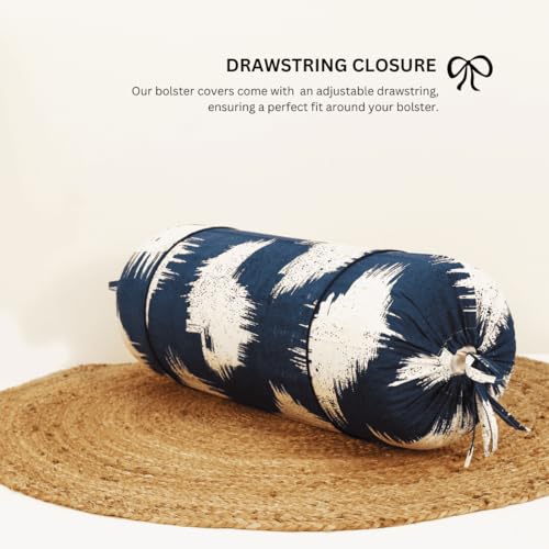 Image of AURAVE Cotton Printed Bolster Cover with Drawstring Closure, Set of 2, Soft Breathable Durable Machine Washable for Sofa Bed & Home Decor, 15 inchx30 inch, Blue | Cover Only