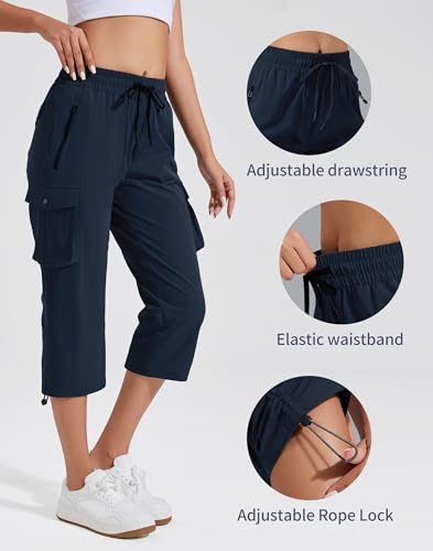 Pioneer Camp Damskie spodnie capri letnie spodnie 3/4 cargo na co dzień spodnie z korsarzem z elastycznym paskiem Capri z 6 kieszeniami, granatowy, M