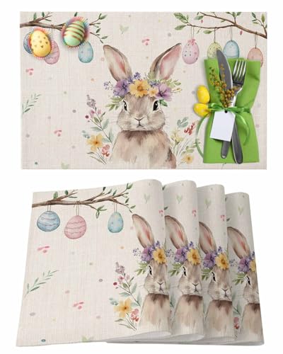 Easter Egg Bunny Placemats Set of 6, Washable Table Mats for Kitchen Dining Table, Cotton Linen Place Mats for Indoor Outdoor Parties Holiday Decoration, Spring Flowers Rabbit