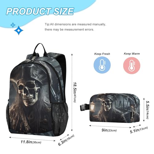 Skeleton Pirate Backpack Lunch Bag Set for Travel Hiking Picnic, Backpacks with Insulated Lunch Box2
