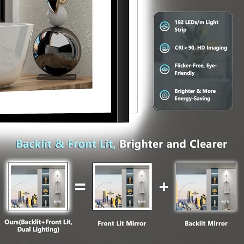 Image of 24x32 Black Framed LED Bathroom Mirror with Lights, Backlit and Front Lit Anti-Fog Lighted Vanity Mirror for Bathroom Wall, Dimmable, 3 Colors, Memory, Shatter-Proof, HD Tempered Glass, CRI 95