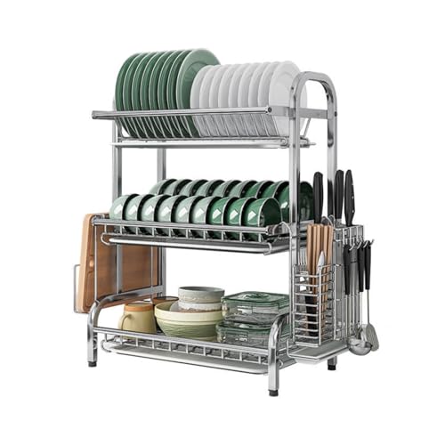 Escurridor de platos de acero inoxidable de 3 niveles para encimera de cocina con soporte de sil, color plateado (56 cm), ideal para platos, tazas y cuencos.