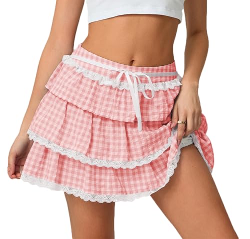 Women Y2K Plaid Lace Trim Ruffled Short Skirts Gingham Layered Mini Skirt Tiered A-line Short Skirt Dresses Streetwear