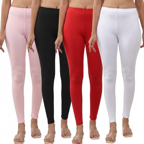 Image of Volex Women and Girls Full Length Leggings | Cotton Spandex /Elastane 4 Way Stretchable | Casual Slim fit Ultra Soft Leggings-Pack of 4