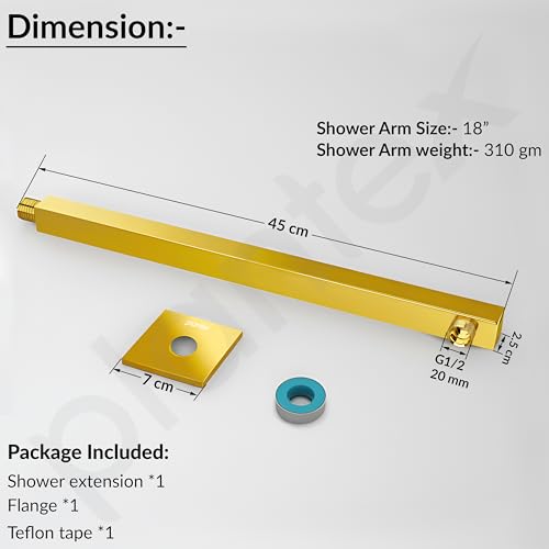 Image of Plantex 18-Inch Shower Arm for Overhead Shower /Stainless Steel Shower Pipe /Wall Mount Bathroom Fitting with -Inch Thread - Pack of 1 (Gold)