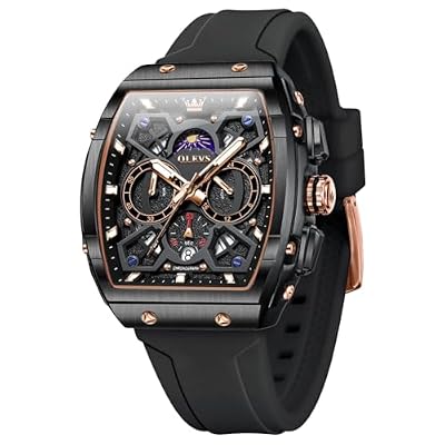 OLEVS Black Watches for Men Luxury Fashion Tonneau Square Large Face Skeleton Mens Watches Rubber Moon Phase Date Waterproof Multifunctional Chronograph Rose Gold Metal Men's Watch Reloj para Hombre