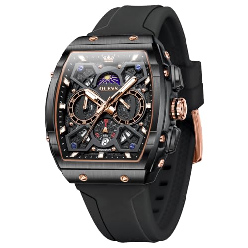 OLEVS Black Watches for Men Luxury Tonneau Square Skeleton Dress Mens Watch