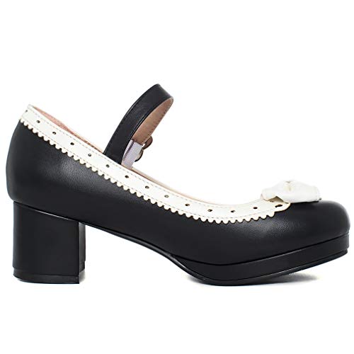 Parisuit Women's Mary Jane Heart Strap Shoes Chunky Mid Heel Platform Sweet Pumps with Bow4