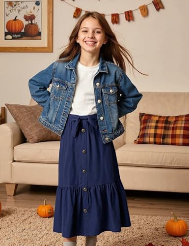 Image of Maxi Skorts Skirt for Girls Button Front High Waisted Long Skirt with Belt Ruffled Skirts with Pocket 3-12Years