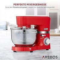 Arebos Küchenmaschine 1500W Rot | Knetmaschine mit 2x Edelstahl-Rührschüsseln 4,5 & 5,5L | Geräuscharm | Küchenmixer mit Rührhaken, Knethaken, Schlagbesen und Spritzschutz | 6 Geschwindigkeiten – Ansicht 5