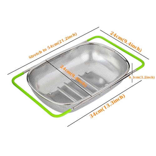 Extendable Over The Sink Colander Basket(38-54cm),Stainless Steel Fine Mesh Draining Baket for Kitchen,Draining Pasta,Washing Vegetables,Rice,Fruit and Dish Storage-Green - Image 3