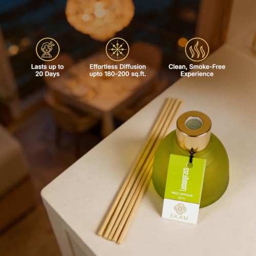 Image of Ekam Frosted Glass 60ml Lemongrass Reed Diffuser Set | Free 6 Fiber Reed Sticks | Stress Relief & Aromatherapy, Long-Lasting Home Fragrance (Up to 60 Days) | Air Freshener for Room, Bedroom & Bathroom