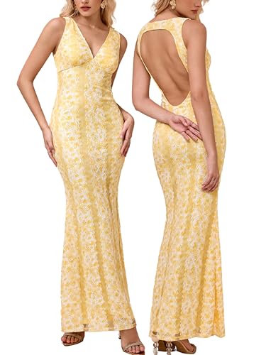 Image of Parthea Summer Wedding Guest Dresses for Women V Neck Backless Elegant Sleeveless Floral Lace Bodycon Maxi Dress
