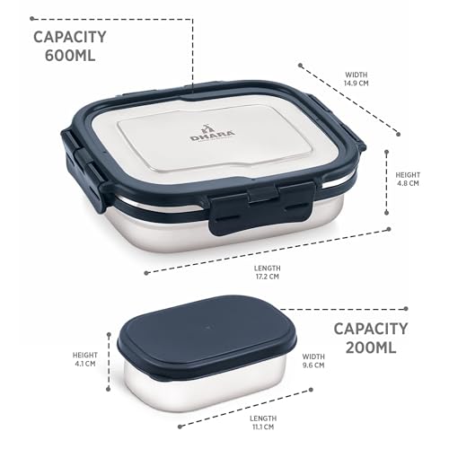 Image of Dhara Stainless Steel Blaze Tiffin Box for School, 800ml Airtight Lunch Box 600ml with Mini Container 200ml and Spoon - Navy Blue
