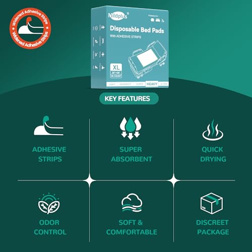 MILDPLUS Bed Pads with Adhesive Strips 30''X36'', 10 Count Chucks Disposable Underpads Extra Large Thicker Incontinence Pads for Unisex Adult, Senior, Kids and Pet (with Adhesive )