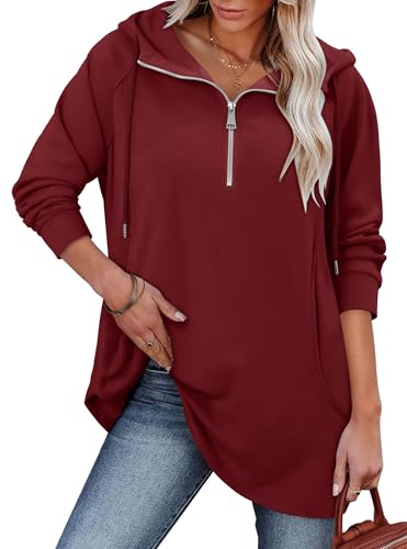 onlypuff Women Hoodie Pullover Trendy Quarter Zipper Lapel Sweatshirts Drawstring Cute Hooded Tunic Tops with Side Pockets