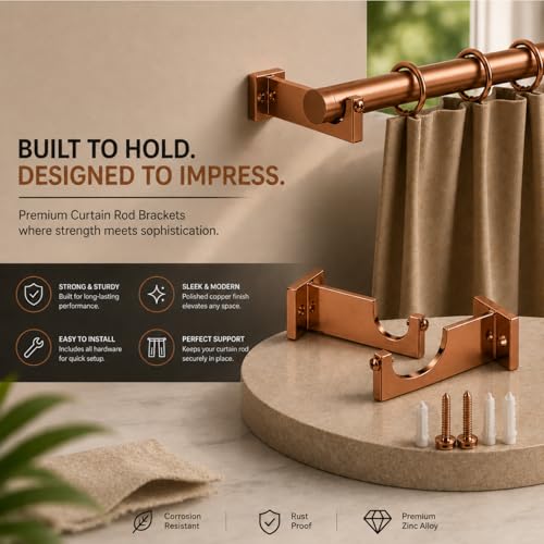 Image of Elite Aluminum Curtain Rod Brackets - Heavy-Duty Wall Mount Clamps for Curtain Rod Support for Door and Window Curtain Rods with Screw and Wall Plug - Pack of 2PCS (EliteCurve) (Rose Gold)