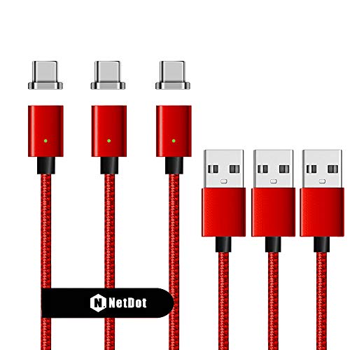 Netdot Gen7 Nylon Braided USB-C Fast Charging Magnetic Cable Compatible with Type-C Smartphone(3.3ft USB-C/3 Pack red)