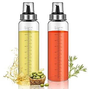 Quikobo Oliefles 500ml 2-pack, azijn en olie dispenser glazen fles met grote capaciteit. Grote olijfolie dispenser met schenktuit, oliefles container met duidelijke liniaal schaal