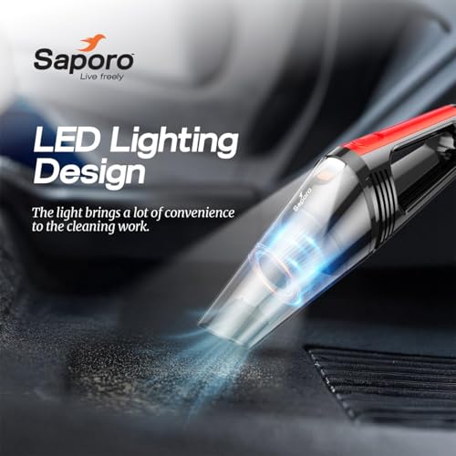 Image of SAPORO Eco Portable Car Vacuum Cleaner 120W, DC 12V Handheld Vacuum with 6000Pa Powerful Suction, HEPA Filter, LED Torch, 16ft Cord, Cleaning Accessories, Black