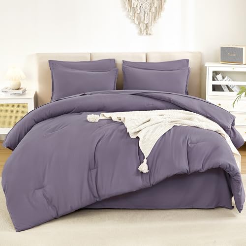 Litanika Queen Comforter Set Grey Purple - 7 Pieces Bed in a Bag Queen Bedding Comforter Sets, Solid Lightweight Bed Set with Comforter, Sheets, Pillowcases & Shams
