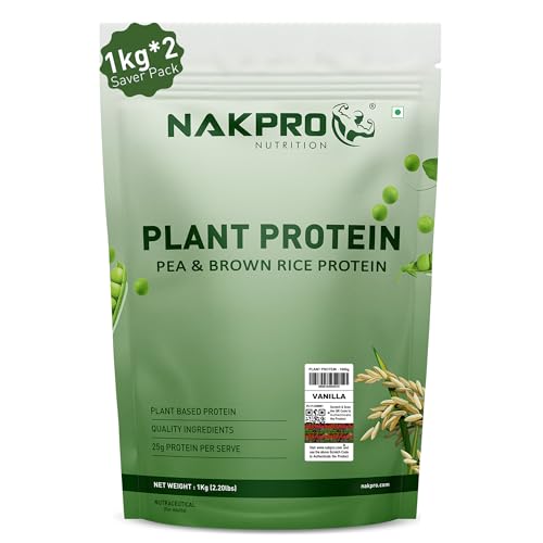 Image of NAKPRO NUTRITION Plant Protein Powder (Pea & Brown Rice Protein), Vanilla - 2kg | 25.2g Protein| All Essential Amino Acids
