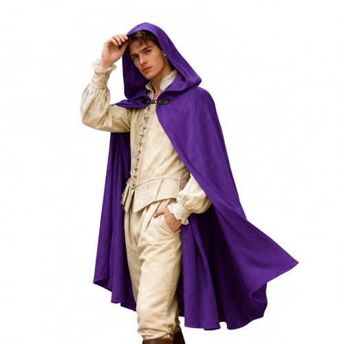 Renaissance Hooded Cloak Hobbit Halloween Medieval Costume Adult Cosplay Short Cape for Men and Women (Purple Medium)