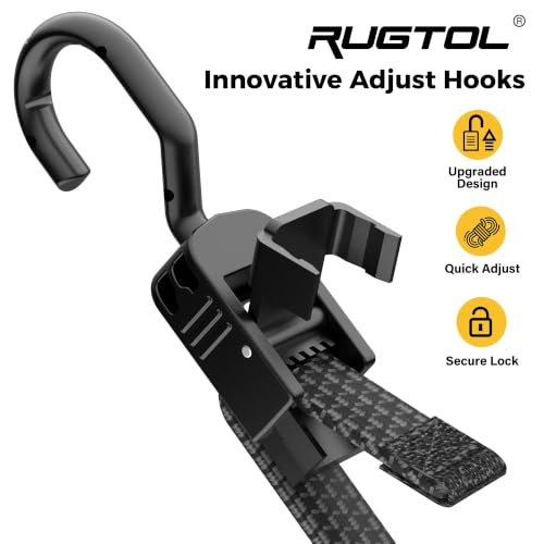 Image of Rugtol Adjustable Bungee Cords with Hooks, 96 inch Heavy Duty Outdoor Flat Bungee Straps with Quick Release Buckle, Rubber Black Elastic Cords with Metal Hooks for Truck, Tarp, Camping, Tents, Bike