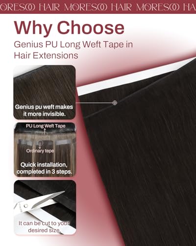 Image of Moresoo Genius Tape Weft Human Hair Dark Brown 20 Inch 75g 2Pcs | Skin weft tape in hair extensions, flat PU construction, flexible placement, deep brown tone for ponytails and event styling
