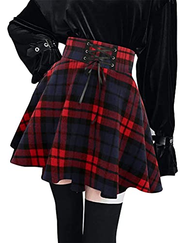 IDEALSANXUN Wool Plaid Mini Skirts for Womens High Waist Gothic Aline Short Pleated Skirts (Medium, Red, m)
