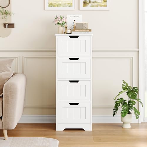 FOTOSOK Bathroom Storage Cabinet, Bathroom Cabinet with 4 Drawers, 11.8” x 11.8” x 32.5” Freestanding Entryway Cupboard Storage Organizer Unit Home Furniture Decor, White - Thumbnail 7