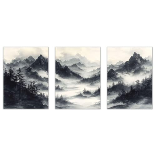 JOSUE Negro,blanco 3 Piezas Cuadros Bosque LáMinas Lienzo, Montaña minimalista Moderno Arte de Pared Cuadro Salón Decoración del Hogar-20x30cmx3 Sin marco