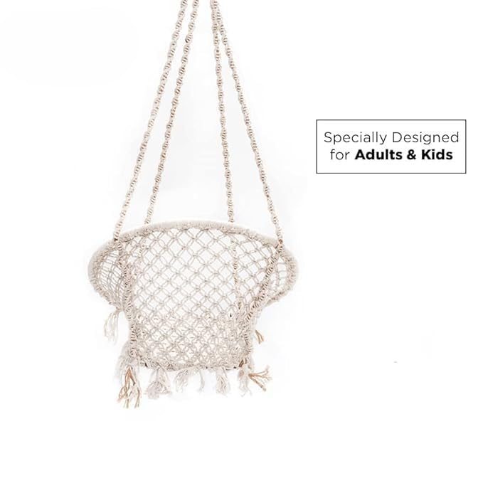 Image of Round Cotton Home Swing for Adults & Kids || Hammock Hanging Swing for Balcony, Indoor & Outdoor|| Wooden Swing Chair|| Handmade Home Jhula || Capacity Upto 120 Kgs