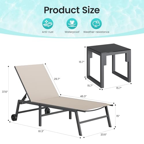 Image of Amopatio Patio Lounge Chairs with Wheels 2 Outdoor Chaise Lounges and 1 Side Table for Poolside Adjustable Lounge Chair with Heavy-Duty Steel Frame for Backyard Poolside,400 LBS Capacity, Khaki