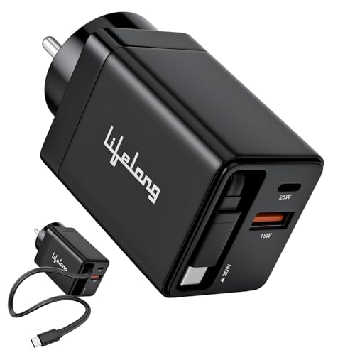 Image of Lifelong Electronics Travel Adapter Gan Fast Charger | 50W (25W Tangle-Free Retractable Type-C Cable + 25W Type C Port) | 18W USB A Port | for iPhone, iPad, Samsung, Nothing and All Phones & Tablets