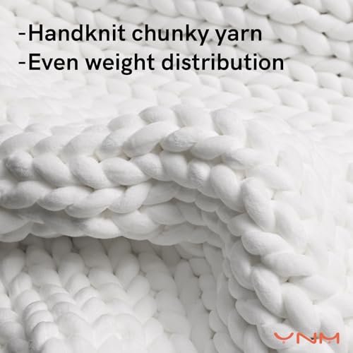 YnM Velvet Weighted Blanket, Handmade Chunky Knitted Design, Soft and Cozy, Temperature Regulating and Breathable, Machine Washable Throw for Sleep or Home Decor (White, 80x87 Inch, 25lbs)