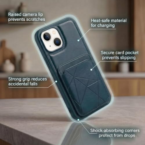 Image of amazon basics Premium Vegan Leather Back Cover with Card Holder and Integrated Mobile Stand for iPhone 13 - Slim Shockproof Wallet Case with Geometric Stitching [Blue]