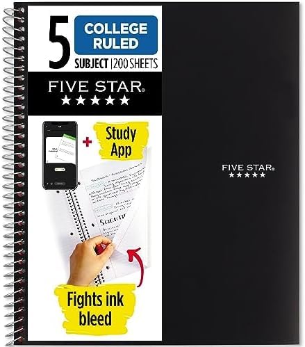 Image of Five Star Spiral Notebook + Study App,5 Subject,College Ruled Paper,8-1 /2 inch x 11 inch,200 Sheets,Fights Ink Bleed,Water Resistant Cover,Black (72081),(Pack of 6)