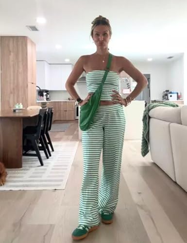 Image of Women's Striped Two Piece Sets Cropped Tube Top and Wide Leg Pants Lounge Matching set with Pockets