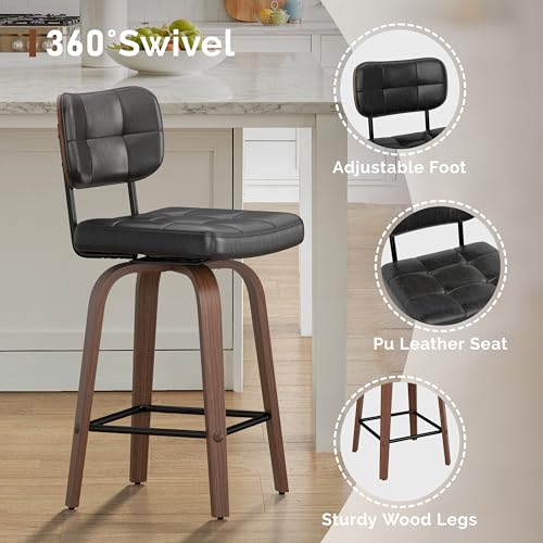 Butacos de Barra Set de 4 Giratorios, Cuero PU Negro | Butacos Modernos Giratorios de Altura para Isla de Cocina y Barra, Altura 26 pulgadas, Estructura de Madera y Metal con Apoyo para Espalda miniatura 6