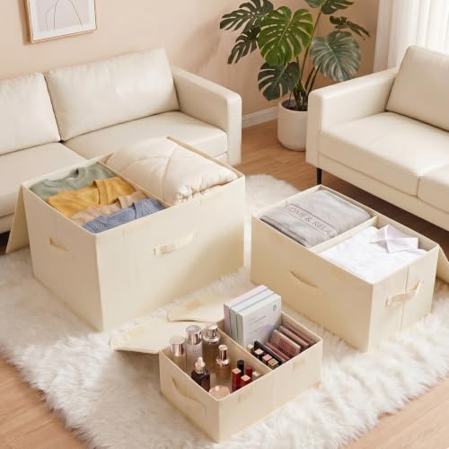 Image of 2 Pack Large Storage Boxes with Lids and Handles, Collapsible Linen Storage Bins Organizer Containers Baskets Cube with Removable Divider for Home Bedroom Closet Office (Cream, XL)