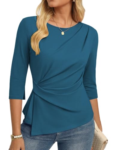 GRACE KARIN Women's 2026 Summer Peplum Tops, 3/4 Sleeve Dressy Casual Shirts, Business Blouses Trendy Fashion Clothes Blue Green L
