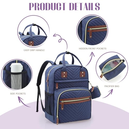 Image of Tuwubi Diaper Bag Backpack, Baby Essentials Travel Tote Bag, Multi function Waterproof Backpacks, Travel Essentials with Stroller Straps & Pacifier Case - Blue