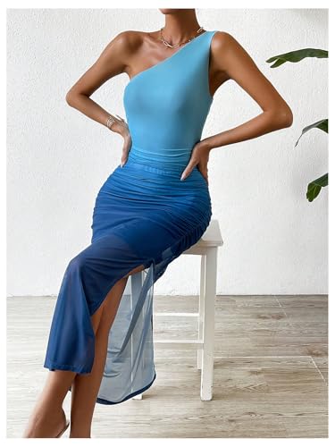 Image of Milumia Women's Bodycon Sleeveless Midi Dress Ombre Ruched Mesh One Shoulder Dresses Blue X-Large