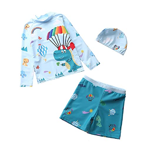 Baby Jungen Badeanzug Bademode Zweiteiliger Lange Ärmel UV-Schutz Bade-Set Shirt Badeshorts mit Badekappe(Gleitender Ballon Dinosaurier, 80-90cm) Cover